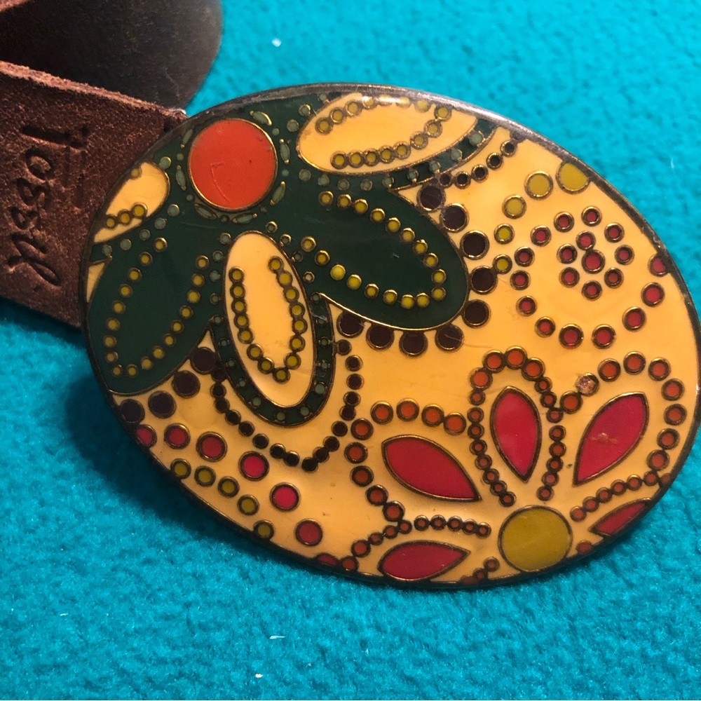 Vintage Fossil Belt w Floral Enameled Buckle Sz S - Picture 3 of 11